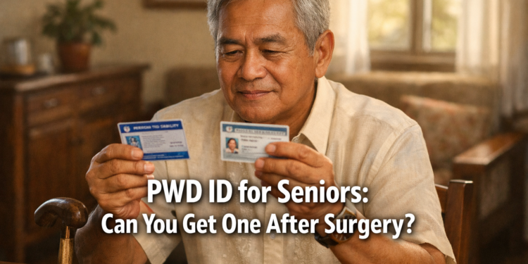 A Filipino senior man seated at a home table holds a PWD ID and a Senior Citizen ID, representing the question of whether seniors who had surgery can qualify for both IDs.