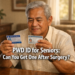 A Filipino senior man seated at a home table holds a PWD ID and a Senior Citizen ID, representing the question of whether seniors who had surgery can qualify for both IDs.