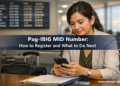 A Filipino woman completes her Pag-IBIG MID number registration on her phone at an airport departure gate before her flight abroad.