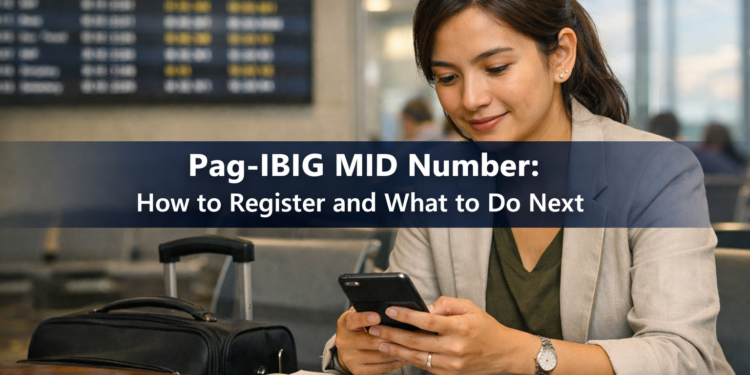 A Filipino woman completes her Pag-IBIG MID number registration on her phone at an airport departure gate before her flight abroad.