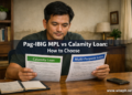 A Filipino man comparing two Pag-IBIG loan documents at a table after flood damage to his home office.