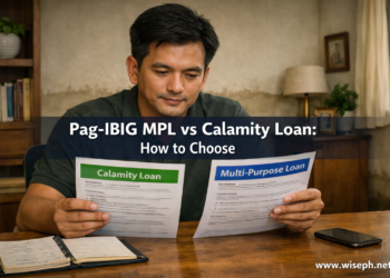A Filipino man comparing two Pag-IBIG loan documents at a table after flood damage to his home office.