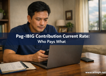 A Filipino business owner reviews his Pag-IBIG contribution rate on his laptop at a home office desk.