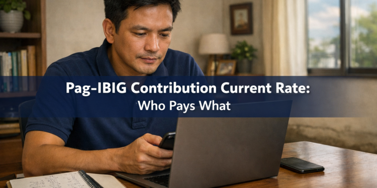 A Filipino business owner reviews his Pag-IBIG contribution rate on his laptop at a home office desk.