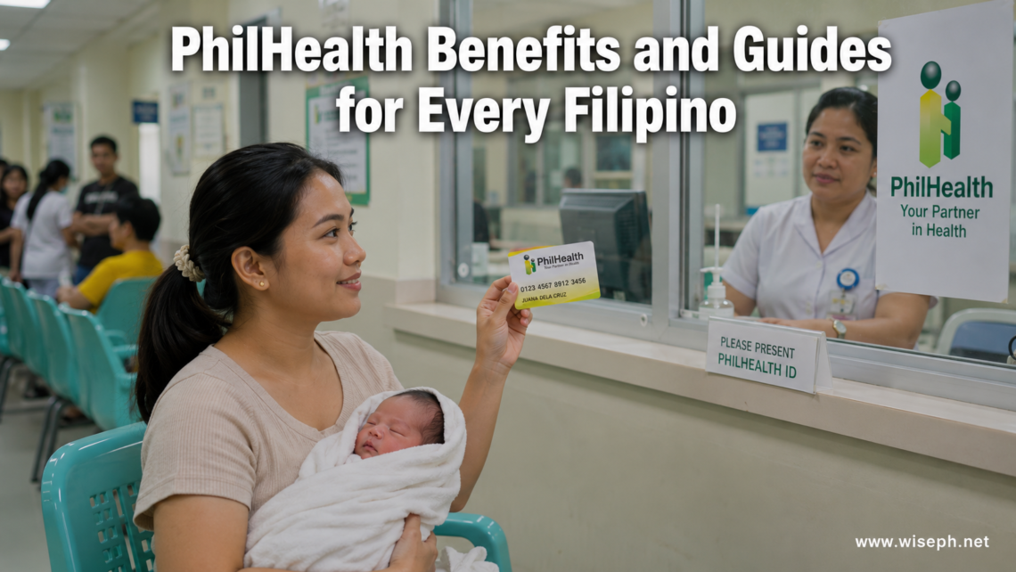 A young Filipino mother holding a newborn presents her PhilHealth card at a hospital reception window, calm and prepared in a Philippine clinic setting.