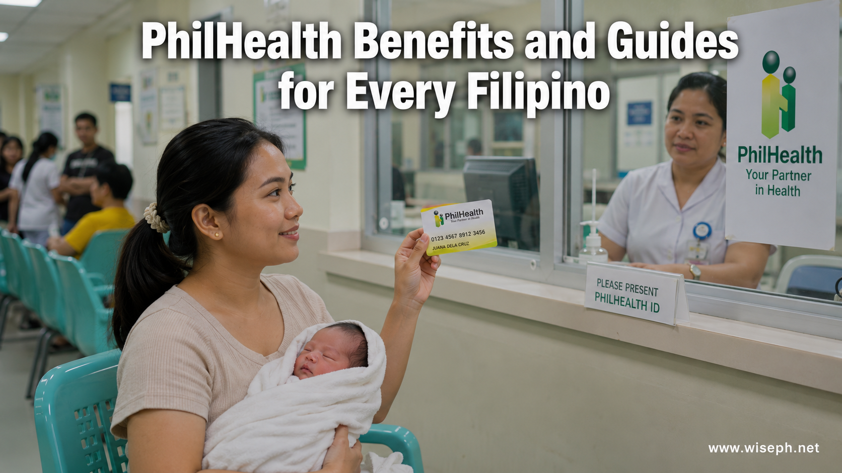 A young Filipino mother holding a newborn presents her PhilHealth card at a hospital reception window, calm
 and prepared in a Philippine clinic setting.