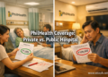 A split scene comparing a Filipino family in a hospital ward (low bill) versus a private room (high bill), illustrating how PhilHealth coverage differs by room choice.