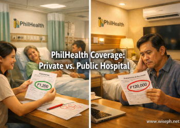 A split scene comparing a Filipino family in a hospital ward (low bill) versus a private room (high bill), illustrating how PhilHealth coverage differs by room choice.
