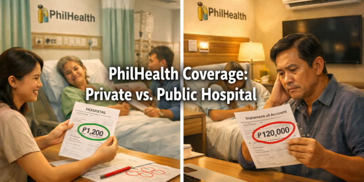 A split scene comparing a Filipino family in a hospital ward (low bill) versus a private room (high bill), illustrating how PhilHealth coverage differs by room choice.