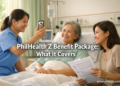 A Filipino OFW hospital professional video-calling her family at a Philippine hospital ward, helping them navigate the PhilHealth Z Benefit package process.