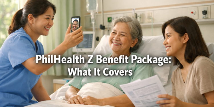 A Filipino OFW hospital professional video-calling her family at a Philippine hospital ward, helping them navigate the PhilHealth Z Benefit package process.