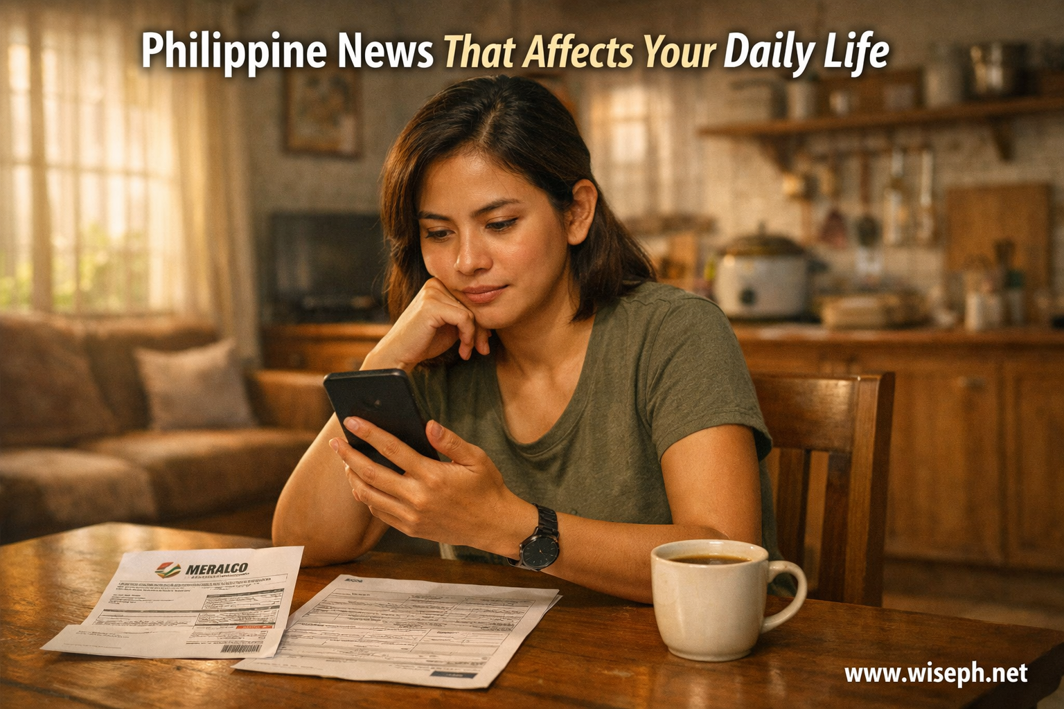 A Filipino woman reads current events news on her smartphone at home, with a Meralco bill and government form on the table beside her.