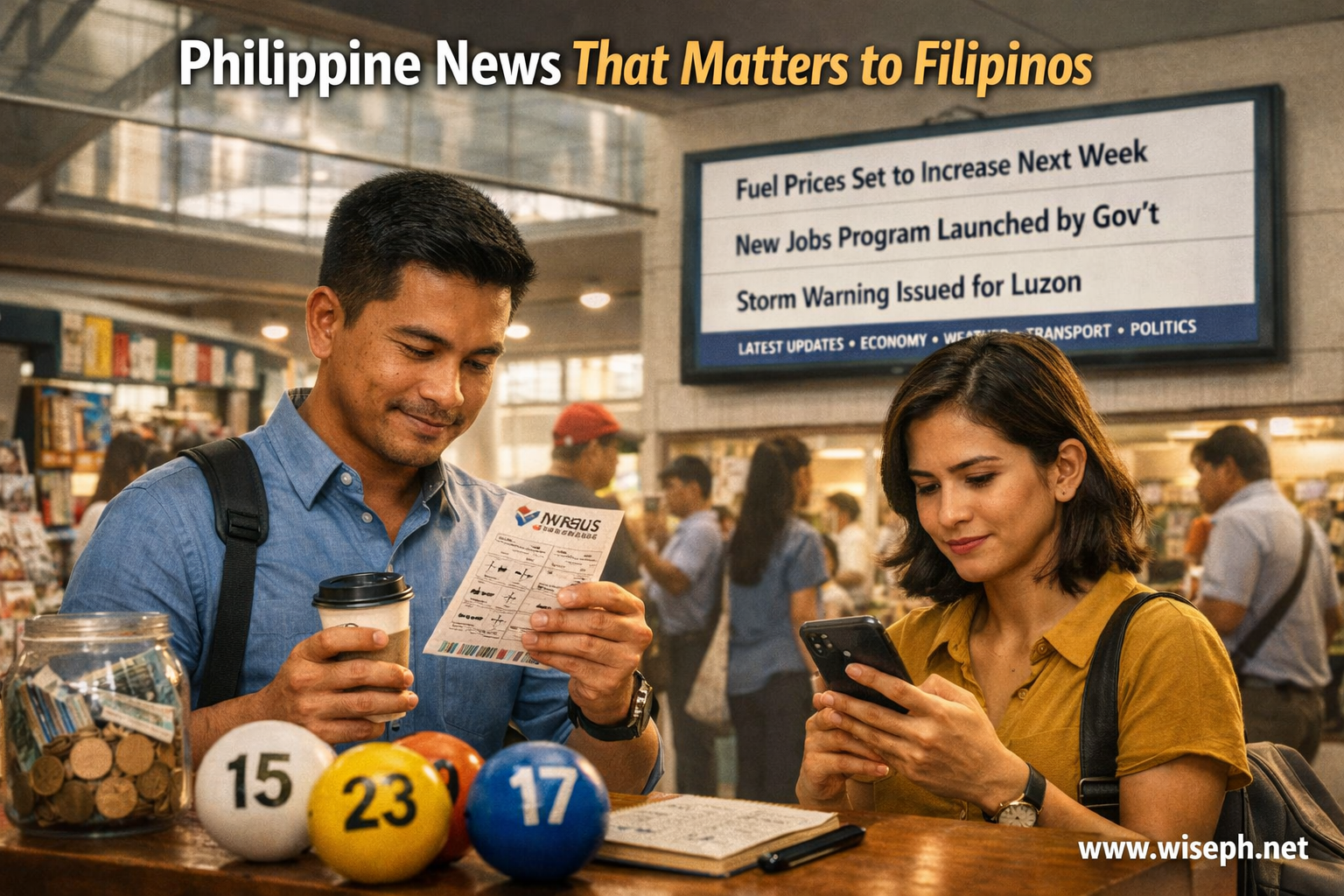 Two Filipino commuters check Philippine news on their smartphones at a busy MRT station, with a large
 digital news screen visible in the background.