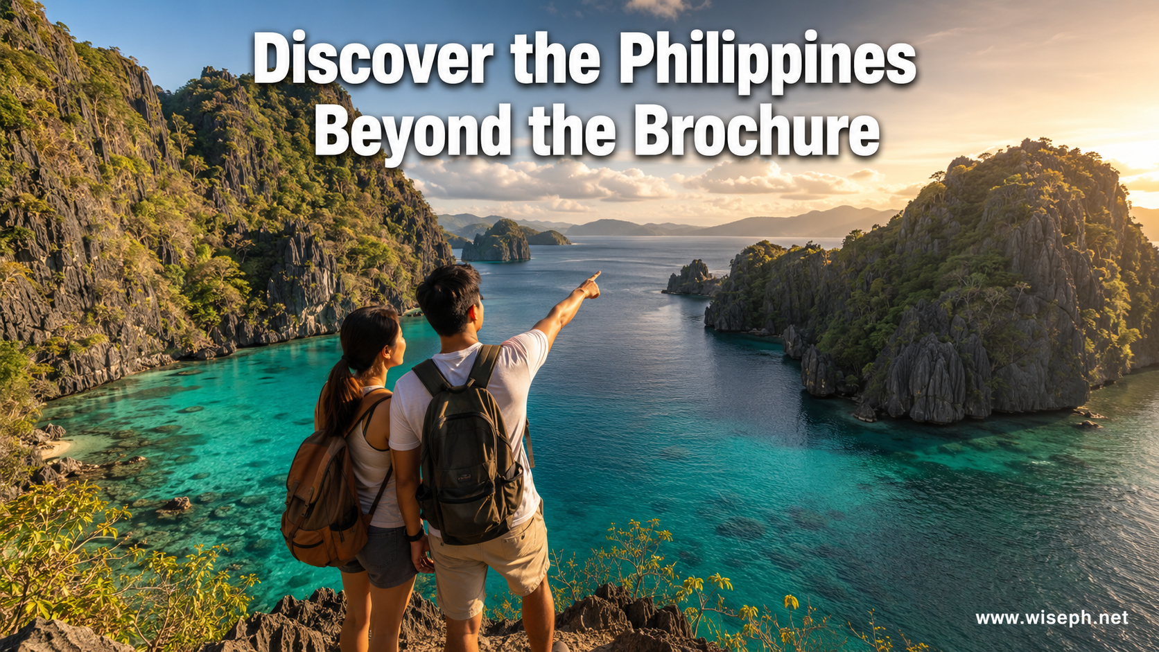 A Filipino couple with backpacks stands on a limestone cliff overlooking a turquoise Palawan lagoon
 surrounded by karst rock formations at golden hour.