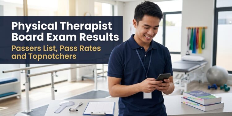 A young Filipino physical therapy graduate smiles at his phone in a rehabilitation clinic, checking the physical therapist board exam results.