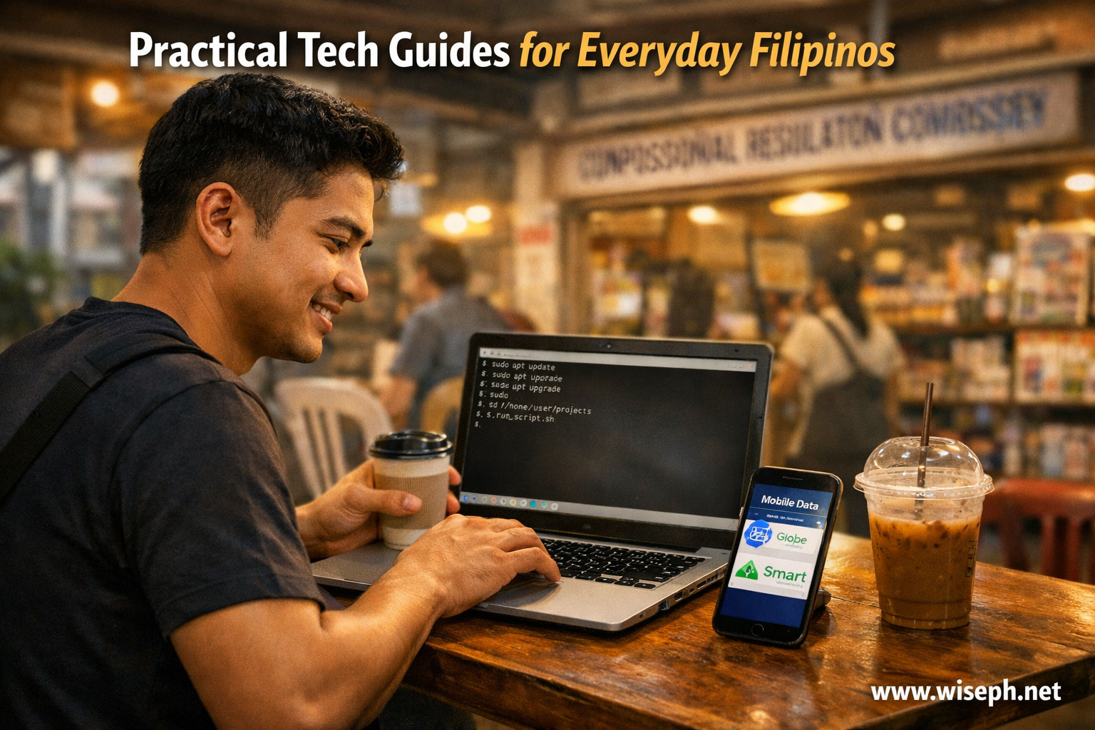 A young Filipino man uses a laptop and smartphone at a local coffee shop, with a terminal window open and
 mobile carrier apps visible on his phone screen.