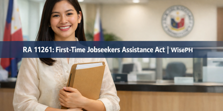 A young Filipino fresh graduate confidently holding documents at a government counter, representing the benefits of Republic Act 11261 for first-time jobseekers.