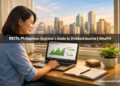 A young Filipino professional woman reviews her REIT portfolio on a laptop at a home office desk, with the Manila skyline visible through the window behind her.