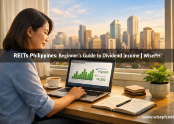 A young Filipino professional woman reviews her REIT portfolio on a laptop at a home office desk, with the Manila skyline visible through the window behind her.