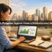 A young Filipino professional woman reviews her REIT portfolio on a laptop at a home office desk, with the Manila skyline visible through the window behind her.