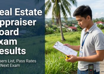 A Filipino real estate appraiser inspecting a sloping lot with a clipboard, beside the text "Real Estate Appraiser Board Exam Results."