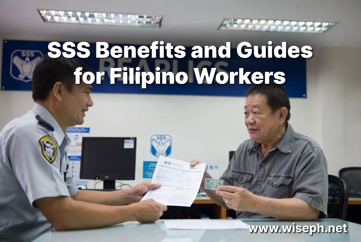 A Filipino man in his late 50s receives an SSS document from a branch officer at a Philippine SSS office,
 holding his SSS card with a look of quiet satisfaction.