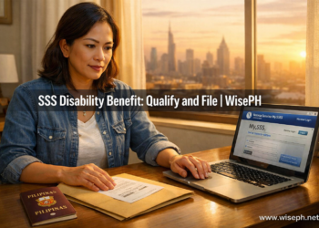A Filipino woman reviews medical documents and SSS forms at her desk, preparing to file an SSS disability benefit claim online.