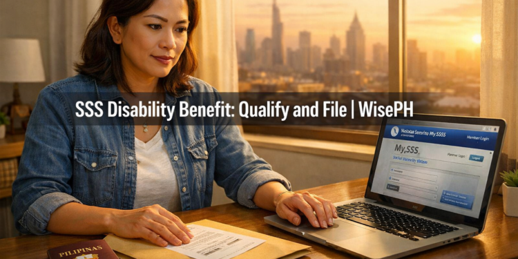 A Filipino woman reviews medical documents and SSS forms at her desk, preparing to file an SSS disability benefit claim online.