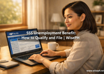 A Filipino woman files her SSS unemployment benefit claim online using a laptop at a home desk.