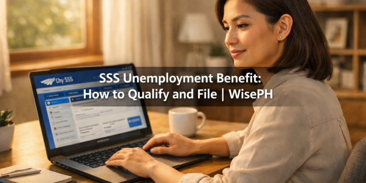 A Filipino woman files her SSS unemployment benefit claim online using a laptop at a home desk.