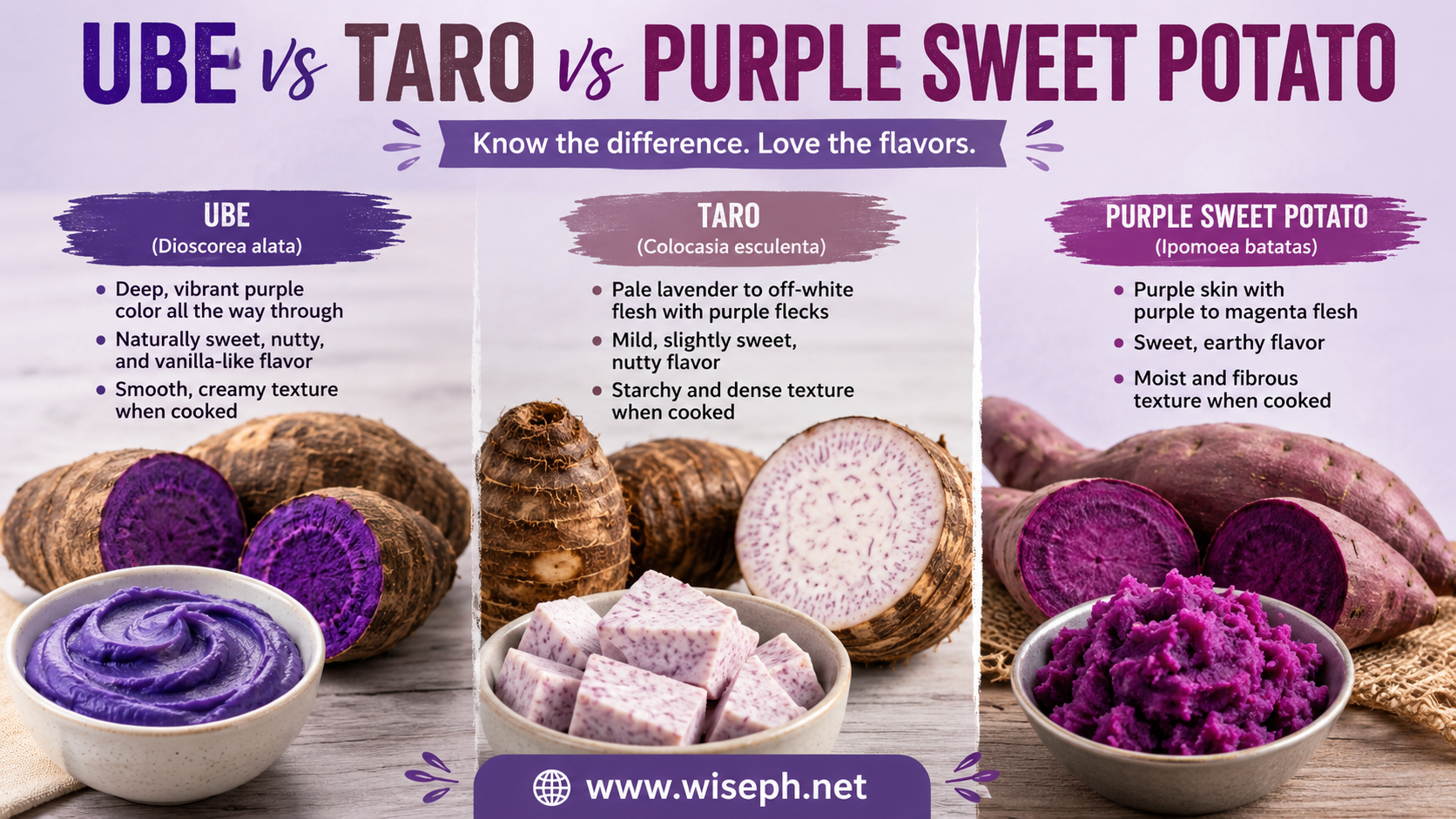 Side-by-side photo comparing the distinct appearance of ube, taro, and purple sweet potato showing skin texture, flesh color, and shape differences