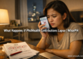 A Filipino OFW woman looking at her phone with concern after discovering her PhilHealth contributions have lapsed, with a printed MDR document on her desk.