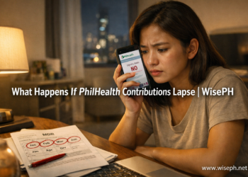 A Filipino OFW woman looking at her phone with concern after discovering her PhilHealth contributions have lapsed, with a printed MDR document on her desk.