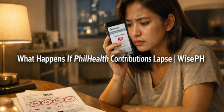 A Filipino OFW woman looking at her phone with concern after discovering her PhilHealth contributions have lapsed, with a printed MDR document on her desk.