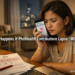 A Filipino OFW woman looking at her phone with concern after discovering her PhilHealth contributions have lapsed, with a printed MDR document on her desk.