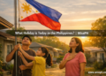 A Filipino family raises the Philippine flag in front of their home