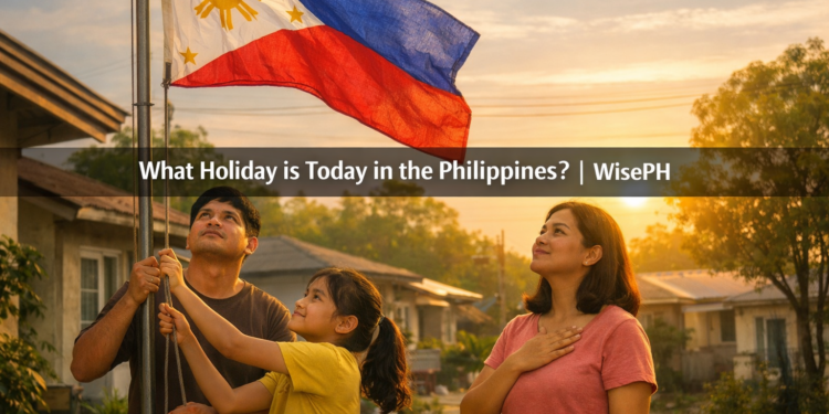 A Filipino family raises the Philippine flag in front of their home