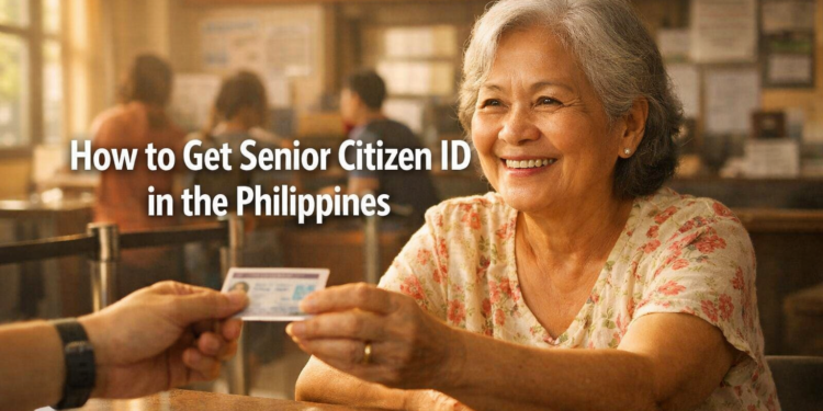 A Filipino senior citizen receiving her laminated Senior Citizen ID card from a municipal hall employee.
