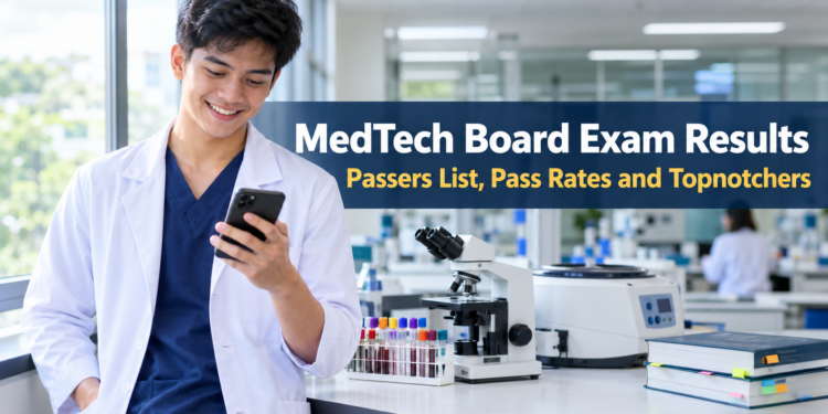A young Filipino medical technology graduate in a white lab coat smiles at his phone in a laboratory, checking the MedTech board exam results.