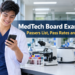 A young Filipino medical technology graduate in a white lab coat smiles at his phone in a laboratory, checking the MedTech board exam results.