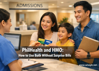 A Filipino family presents both a PhilHealth card and an HMO card to a hospital admissions staff member at a private hospital counter in the Philippines.