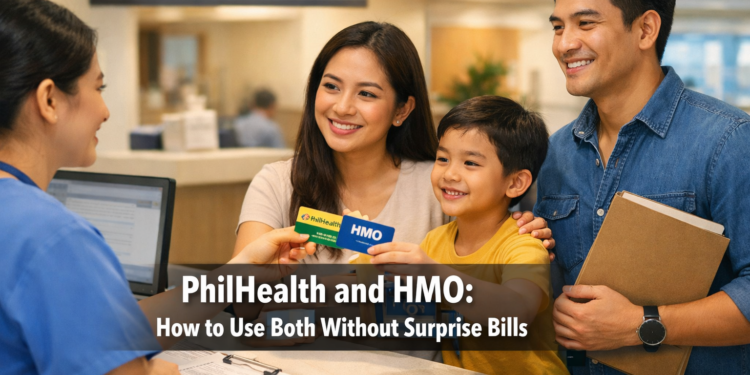 A Filipino family presents both a PhilHealth card and an HMO card to a hospital admissions staff member at a private hospital counter in the Philippines.