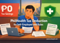 A Filipino freelancer reviews PhilHealth and BIR tax documents at a home office desk, with labels showing zero tax savings versus medical cost protection.
