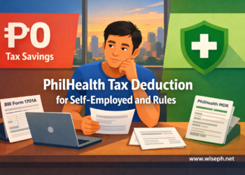 A Filipino freelancer reviews PhilHealth and BIR tax documents at a home office desk, with labels showing zero tax savings versus medical cost protection.