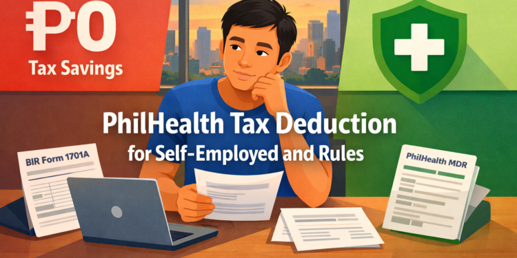 A Filipino freelancer reviews PhilHealth and BIR tax documents at a home office desk, with labels showing zero tax savings versus medical cost protection.