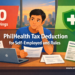 A Filipino freelancer reviews PhilHealth and BIR tax documents at a home office desk, with labels showing zero tax savings versus medical cost protection.