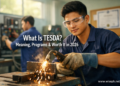 A young Filipino man welds safely inside a bright TESDA technical training workshop while another trainee practices electrical work in the background.