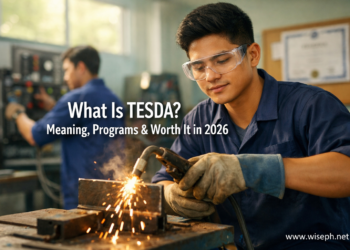 A young Filipino man welds safely inside a bright TESDA technical training workshop while another trainee practices electrical work in the background.