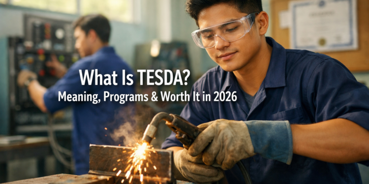 A young Filipino man welds safely inside a bright TESDA technical training workshop while another trainee practices electrical work in the background.