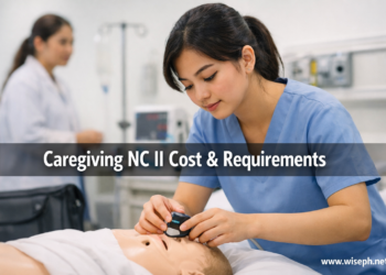 A Filipino caregiving trainee practices vital signs checks on a simulation mannequin in a TESDA Caregiving NC II training lab.